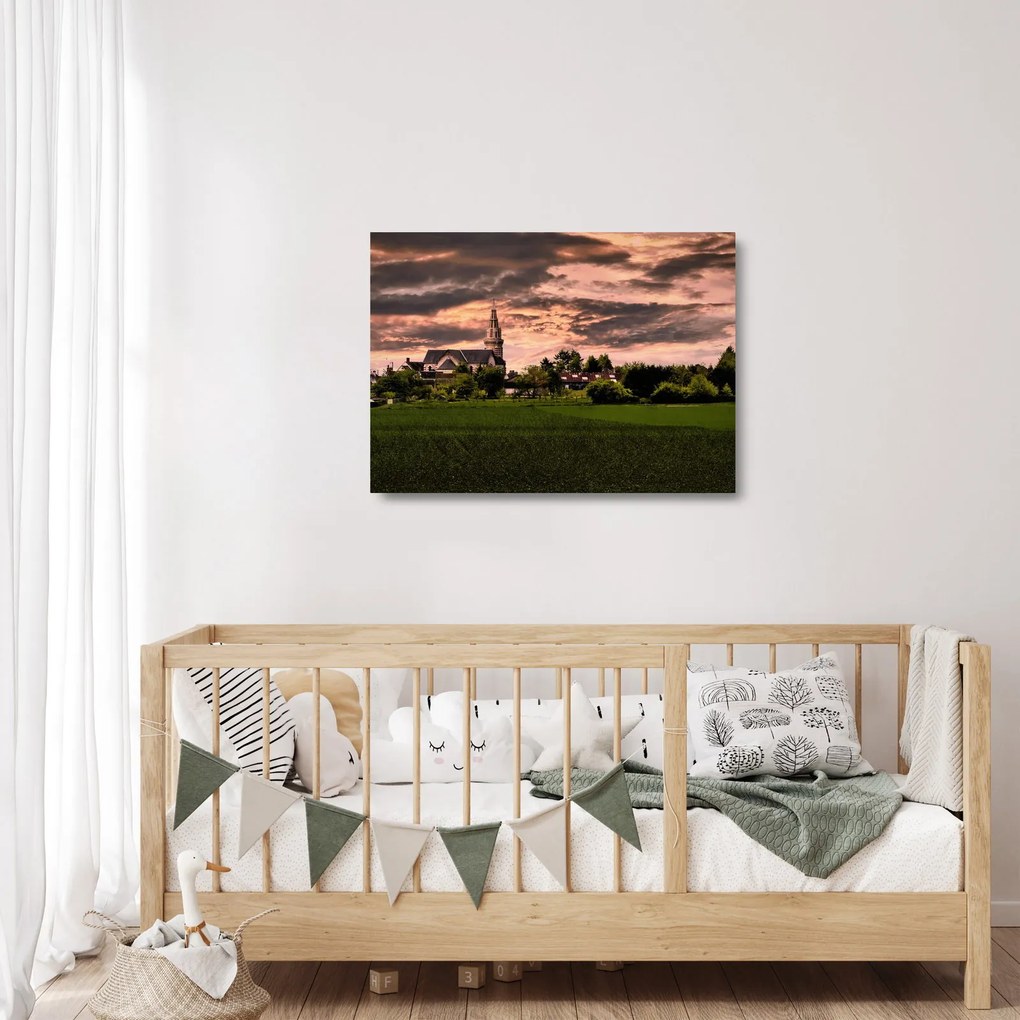 Obraz na szkle - krajobraz z kościołem (70x50 cm)