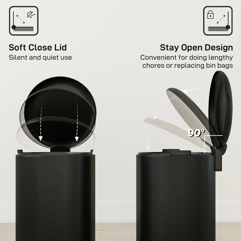 HOMCOM 20 l kosz kuchenny, metal odporny na odciski palców, pokrywa Soft-Close, pedał nożny i wyjmowany kubeł, czarny | Aosom PL