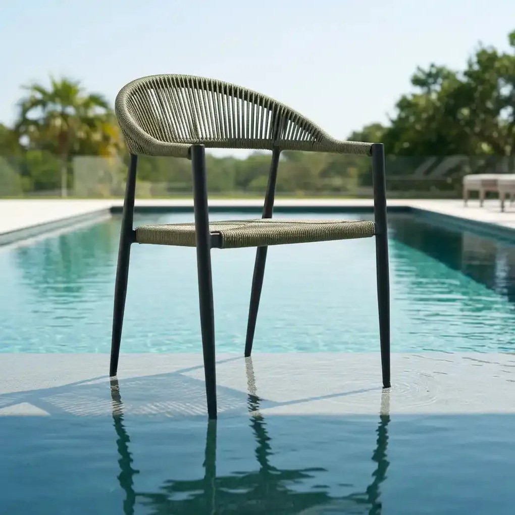 Krzesło Ogrodowe Grafitowe 56x60x78 cm Plecione Zielone Sznurki Nowoczesne