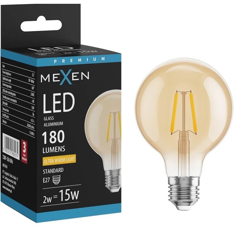 Mexen Vintis żarówka filament LED E27, G80, 2W, Ciepła - 2200K, 180 lm, amber - L155-E27-0222-50