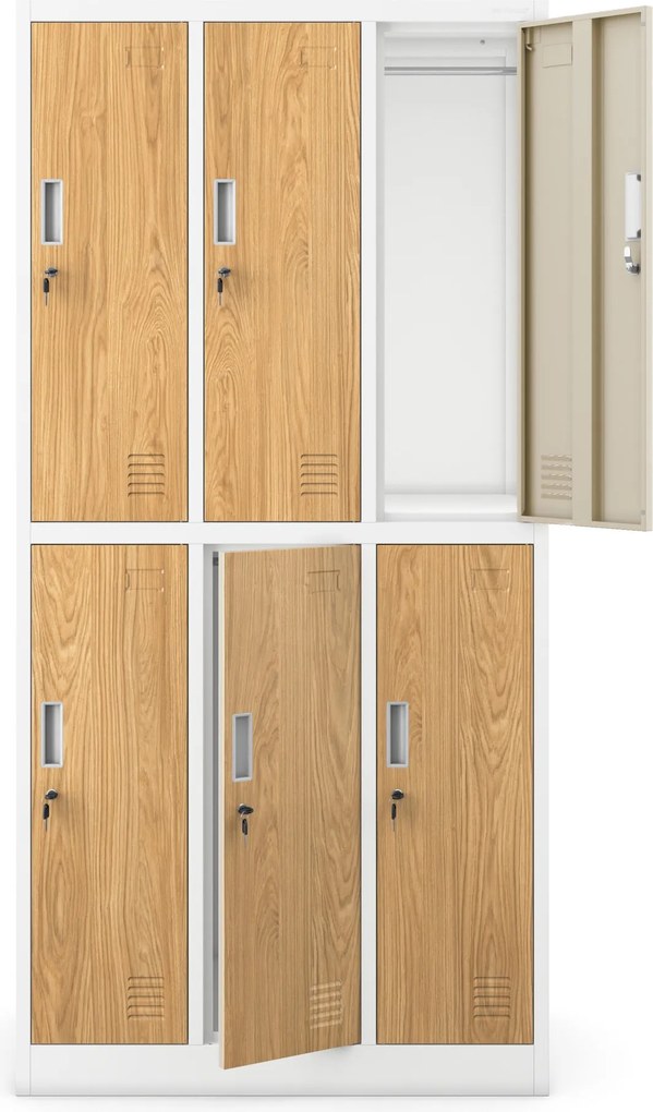Szafa socjalna ubraniowa 6-drzwiowa biała/złoty dąb, 900x1850x450 mm: IGOR Eco Design