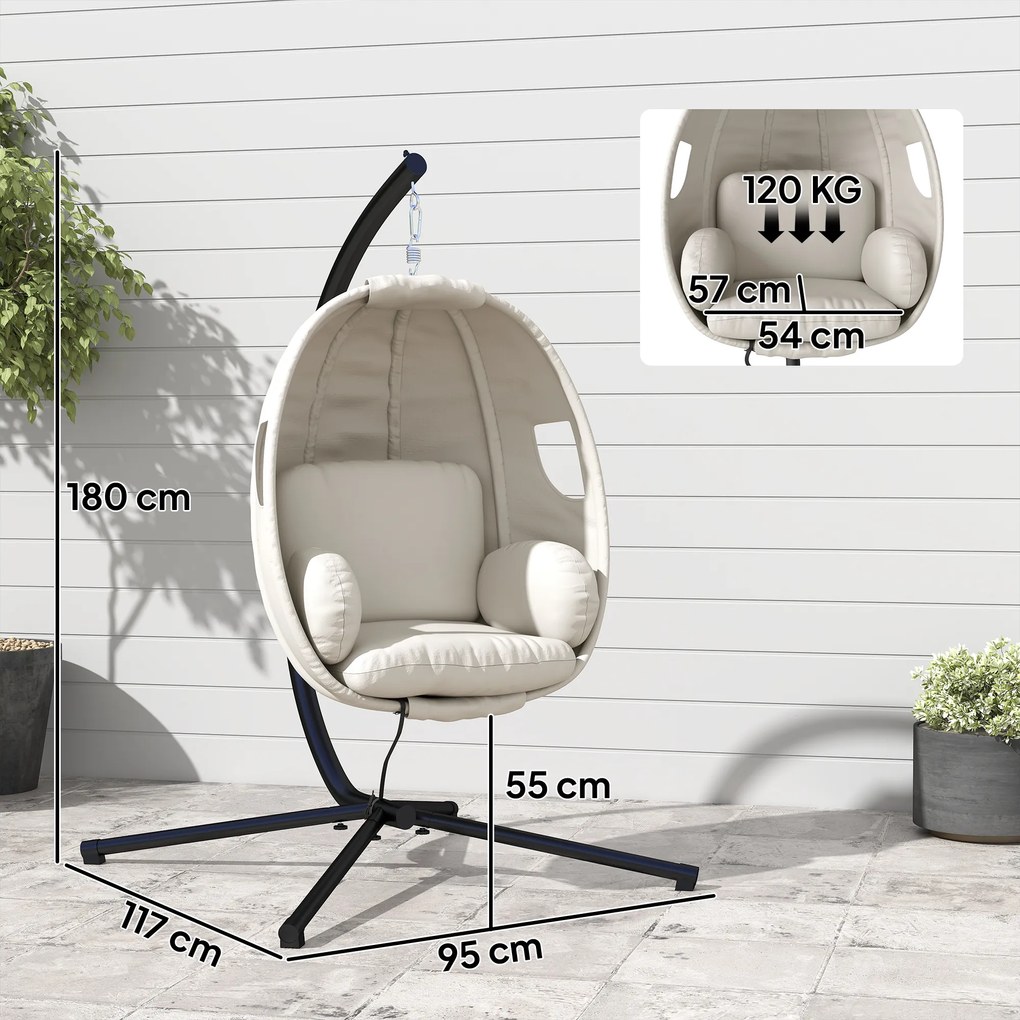 Outsunny Wiszący Fotel z Ramą, Składany Kosz z Grubymi Poduszkami, Regulowana Wysokość, Pas Bezpieczeństwa, do 120 kg | Aosom PL