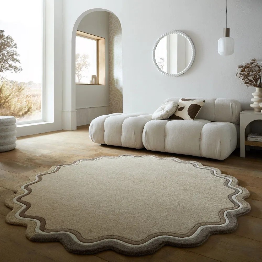 Wełniany okrągły dywan tkany ręcznie w naturalnym kolorze ø 180 cm Leo Scallop – Flair Rugs