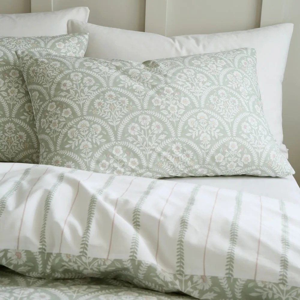 Biało-zielona pościel dwuosobowa z perkalu bawełnianego 200x200 cm Scallop Floral – Bianca