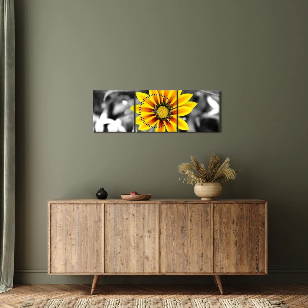 Obraz żółtego kwiatu (z zegarem) (90x30 cm)