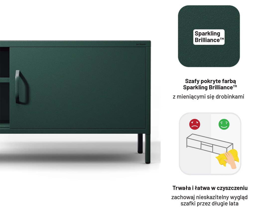 Szafka RTV metalowa szeroka XL na nóżkach butelkowa zieleń, 1700x400x500 mm: ROSARIA