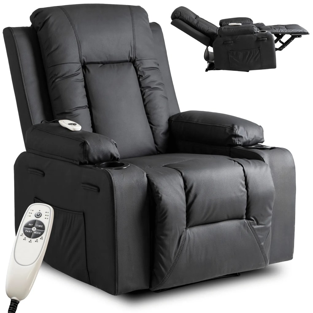 Fotel Masujący BOX Rozkładany Wypoczynkowy z Podnóżkiem Czarny Ekoskóra Nowoczesny