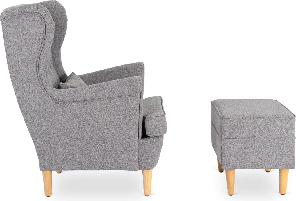 Fotel Wypoczynkowy Uszak EVAN 2 z Podnóżkiem Szary Tapicerowany Nowoczesny