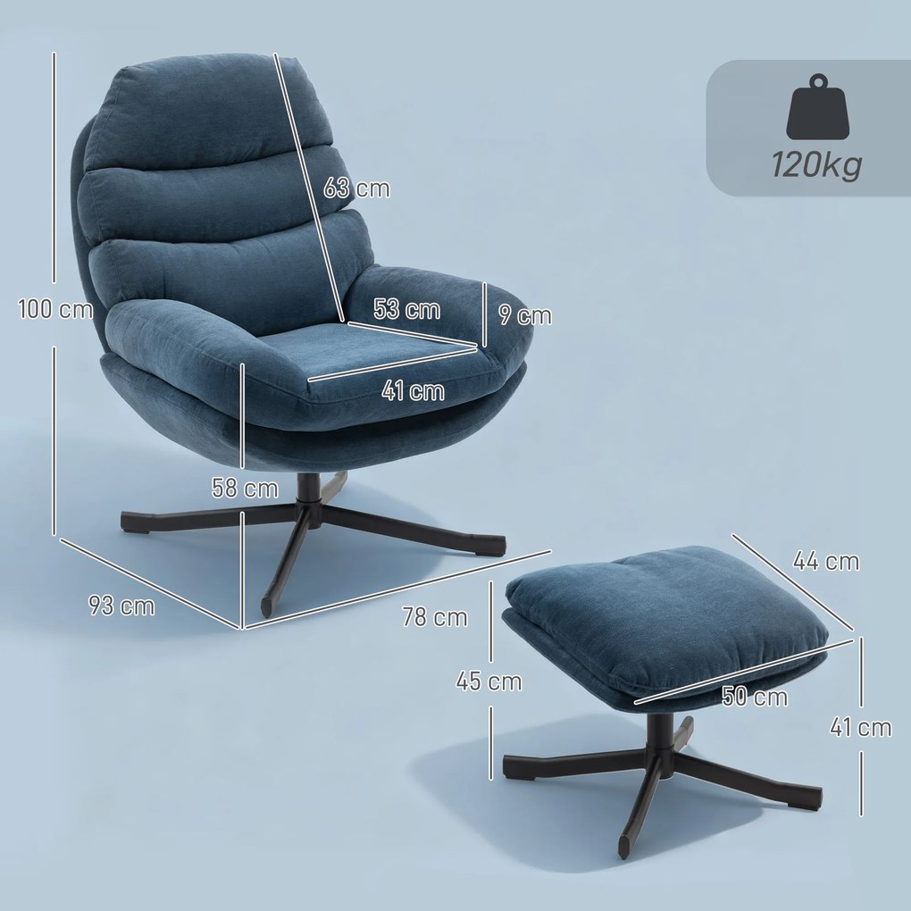 HOMCOM Fotel relaksacyjny z podnóżkiem, lounge z tkaniny chenille, nowoczesny fotel do oglądania TV, 78 x 93 x 100 cm, niebieski