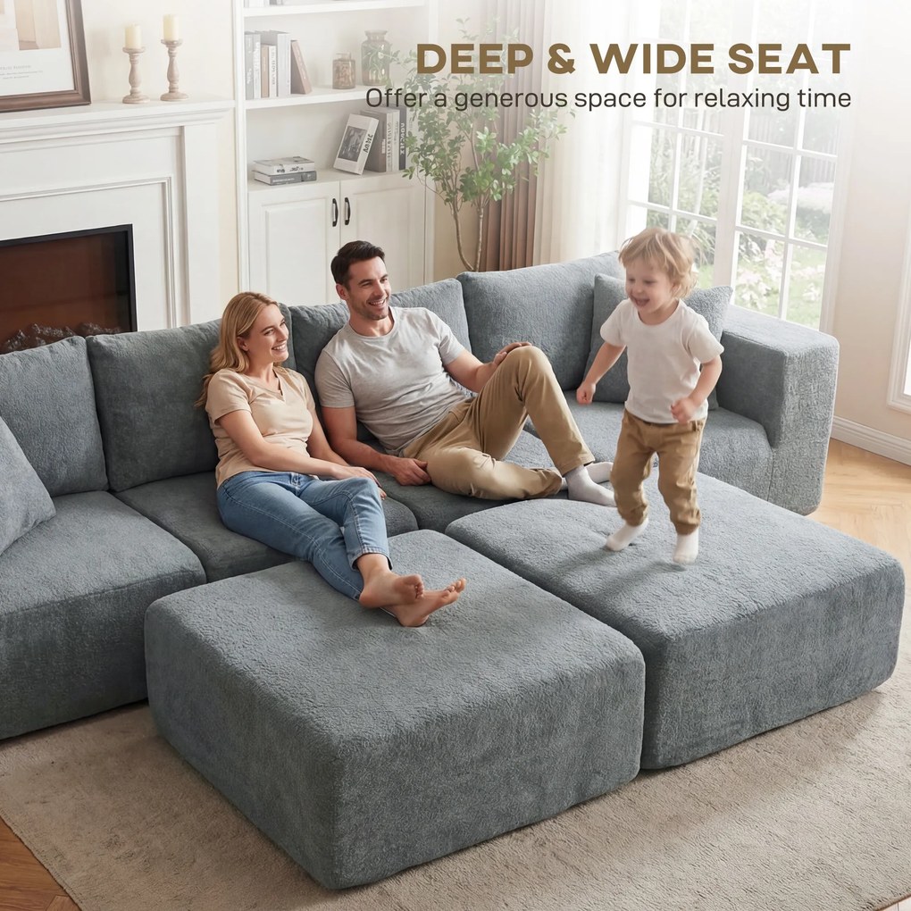 HOMCOM Modułowa narożna sofa, sofa w kształcie U z szerokimi i głębokimi siedziskami, 2 pufy, ciemnoszara | Aosom PL