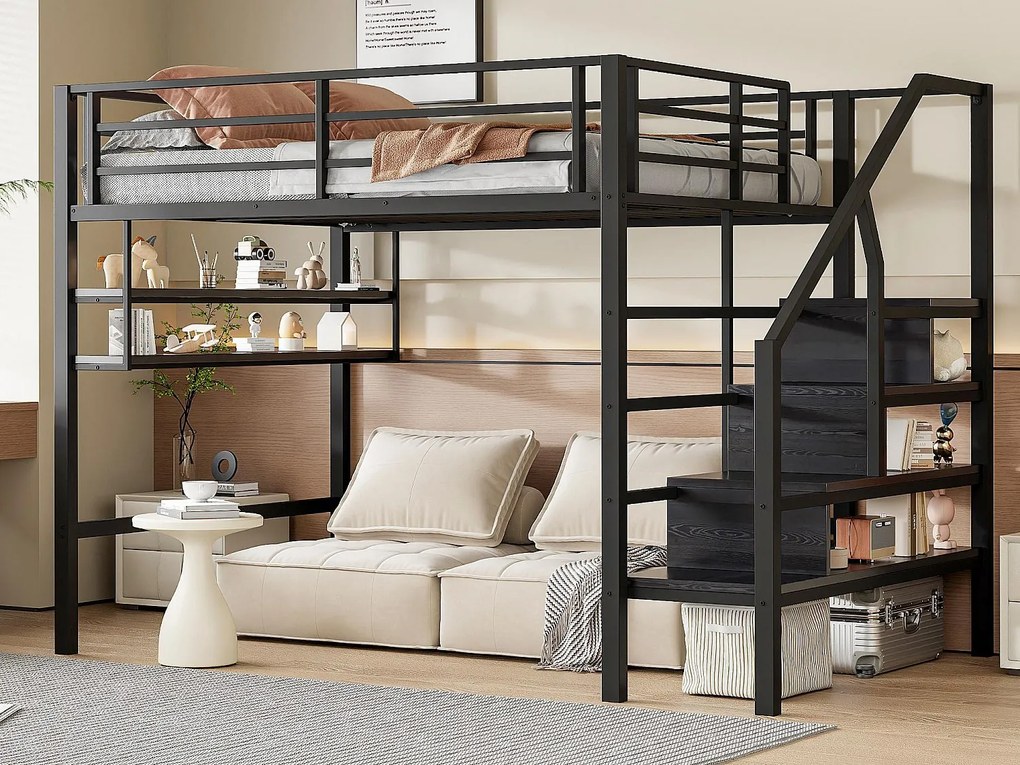Łóżko mezzanine 140x200 cm z metalu - z półką i drabiną do przechowywania - Czarny
