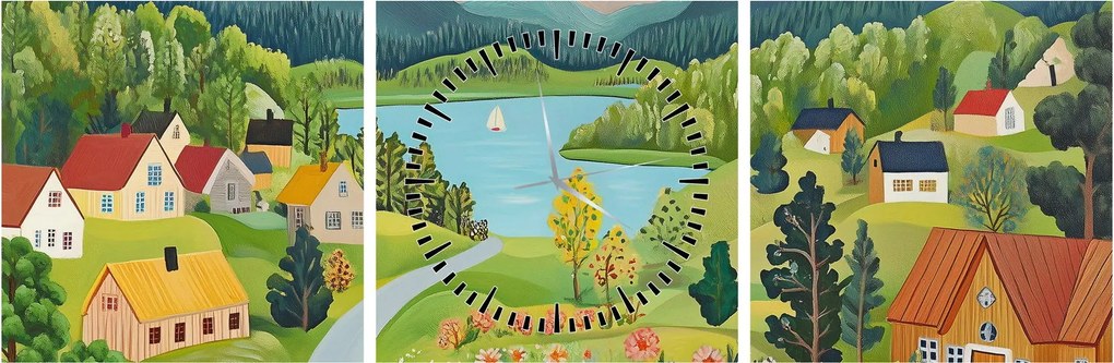 Obraz - Wioska w górach (z zegarem) (90x30 cm)