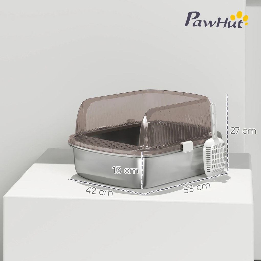 PawHut Kuweta ze stali nierdzewnej, toaleta dla kota z wysokim brzegiem, wanienka, w zestawie łopatka, dla dużych kotów, 53x42x27cm, antracytowy | Aosom PL