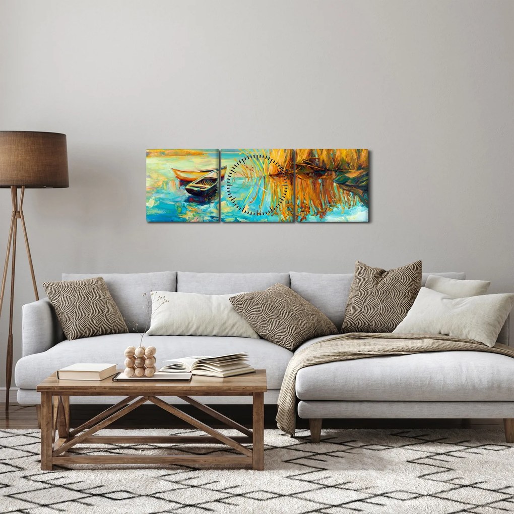 Obraz - Jezioro z łodziami (z zegarem) (90x30 cm)