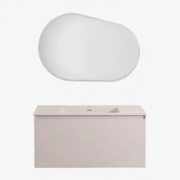 Zestaw Drewnianych Mebli Łazienkowych Macrae Ze Zintegrowaną Umywalką Nature & Owalna Lampa Led I Przeciwmgielna 100x80 Cm Meunier & Bez - Sklum