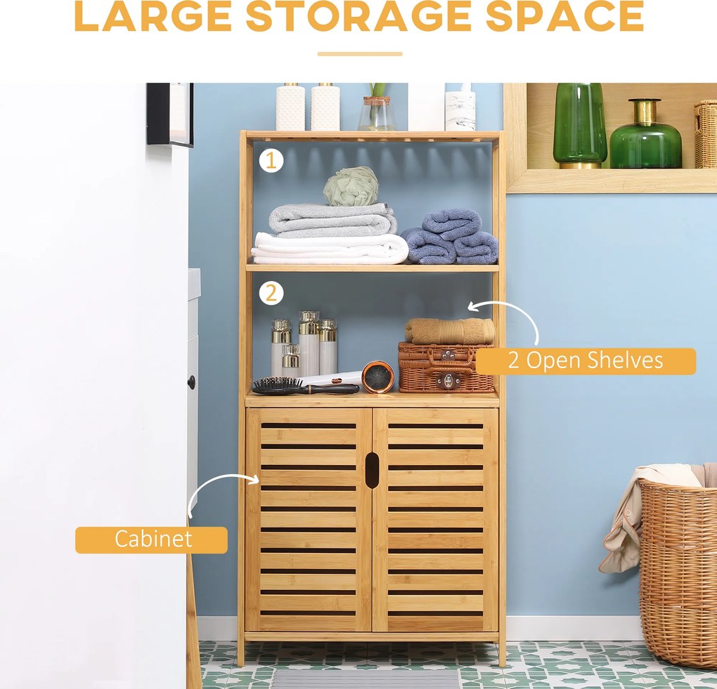 kleankin Szafka łazienkowa, komoda z lamelowymi drzwiami, regał łazienkowy, bambusowy, naturalne drewno
