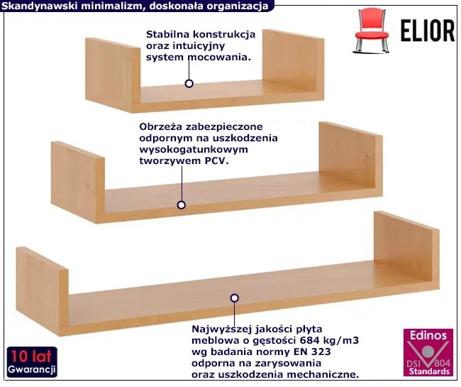 Komplet 3 półek ściennych w kolorze olcha  - Dexa