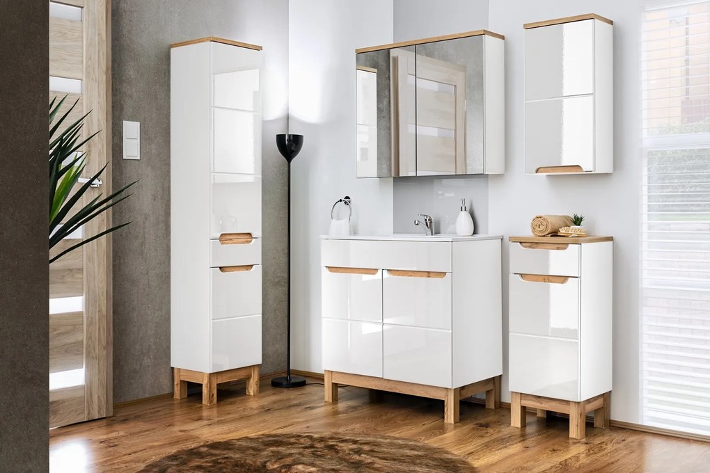Zestaw białych mebli łazienkowych Bali 007 - szafka 80 cm z umywalką i słupek