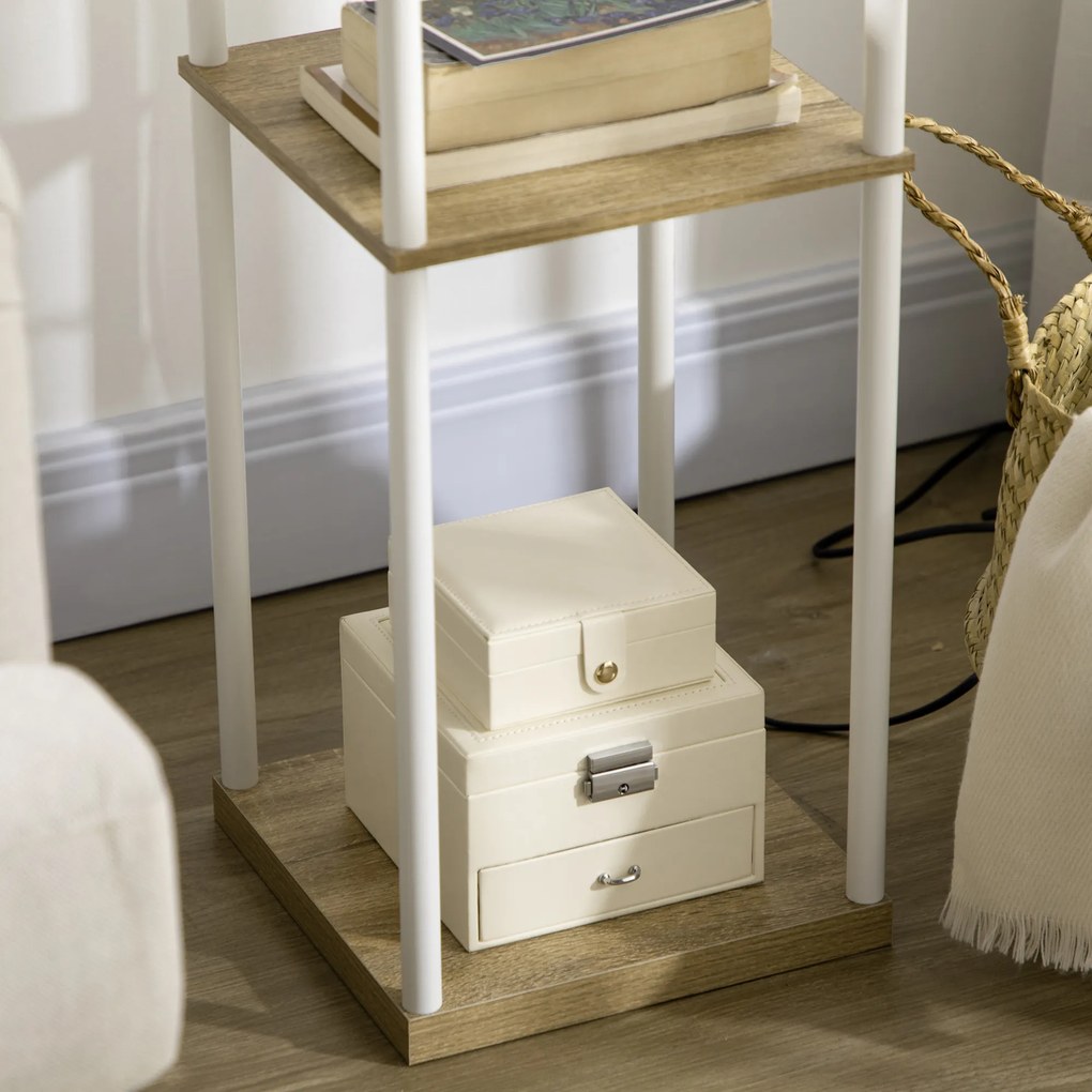 HOMCOM Lampa stojąca, kinkiet z półkami, rama metalowa, abażur z tkaniny, 26x26x159cm, Biały/Brązowy