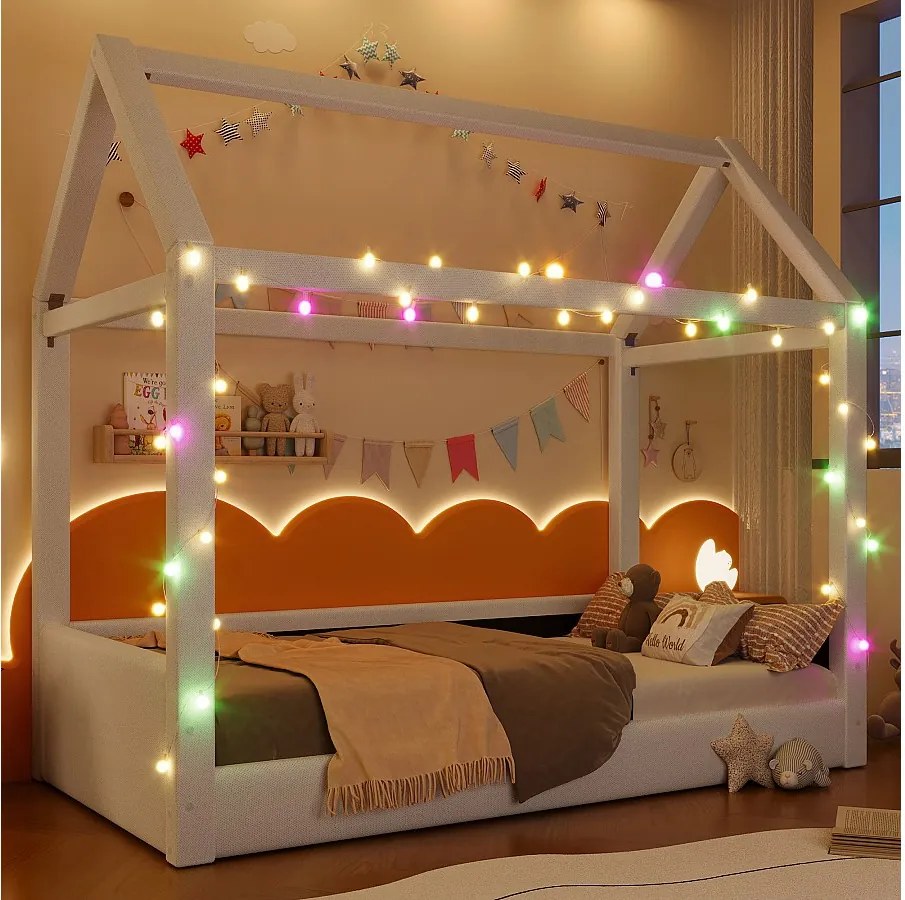 Sofa tapicerowana z funkcją spania - 90 x 200 cm - z diodami LED + baldachim - MDF - beżowa