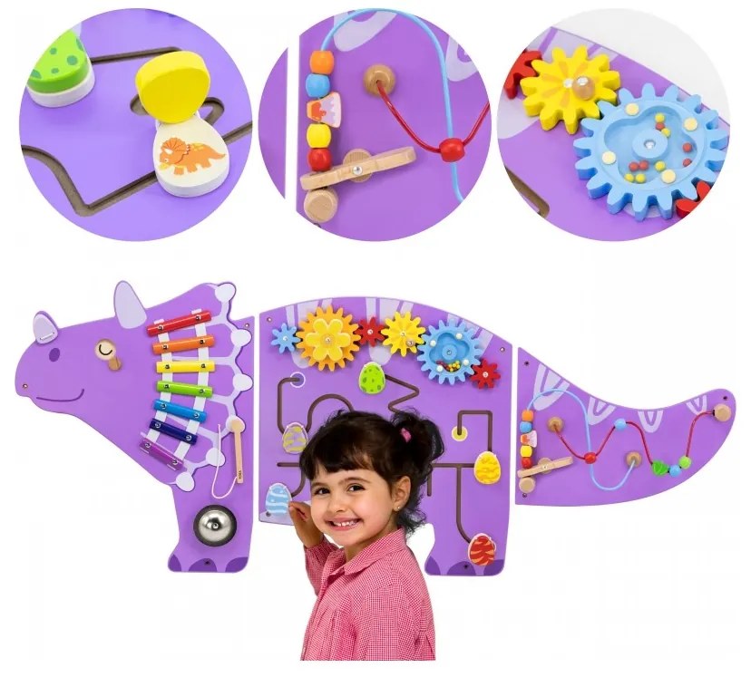 Viga drewniana tablica sensoryczna-manipulacyjna edu triceratops
