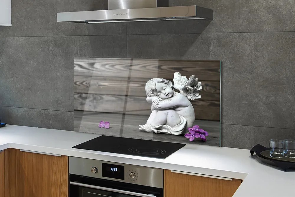 Szklany Panel Aniołek wśród Kwiatów na Drewnie