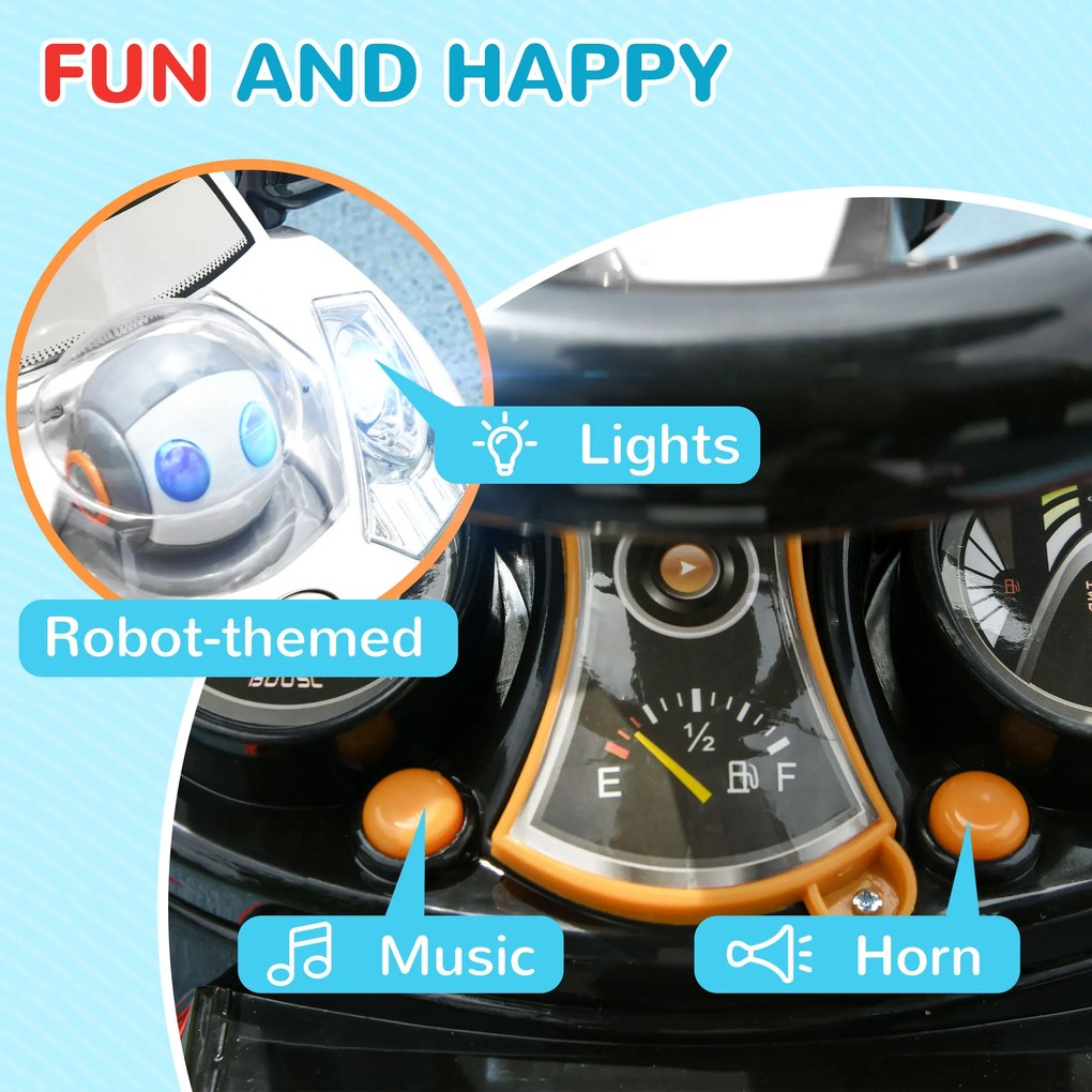 AIYAPLAY 2-w-1 Jeździk, zdejmowany daszek, światła, muzyka, klakson, plastik i metal, 96 x 39 x 90 cm, Biały/Czarny