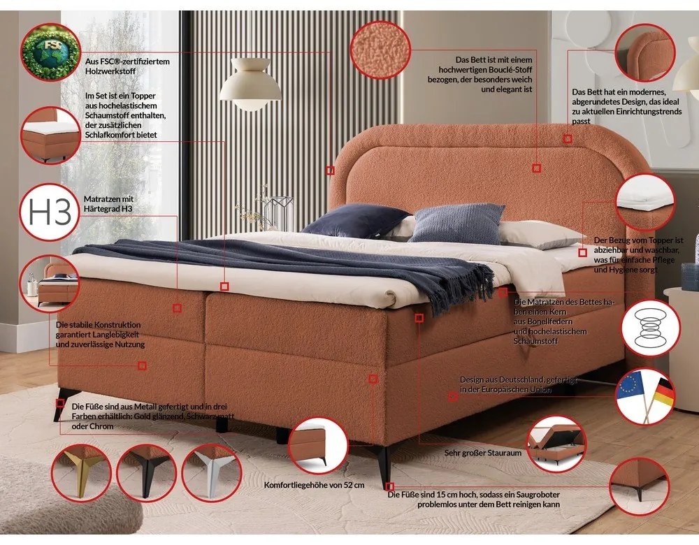 Pomarańczowe łóżko kontynentalne ze schowkiem 140x200 cm Ornes – Ropez