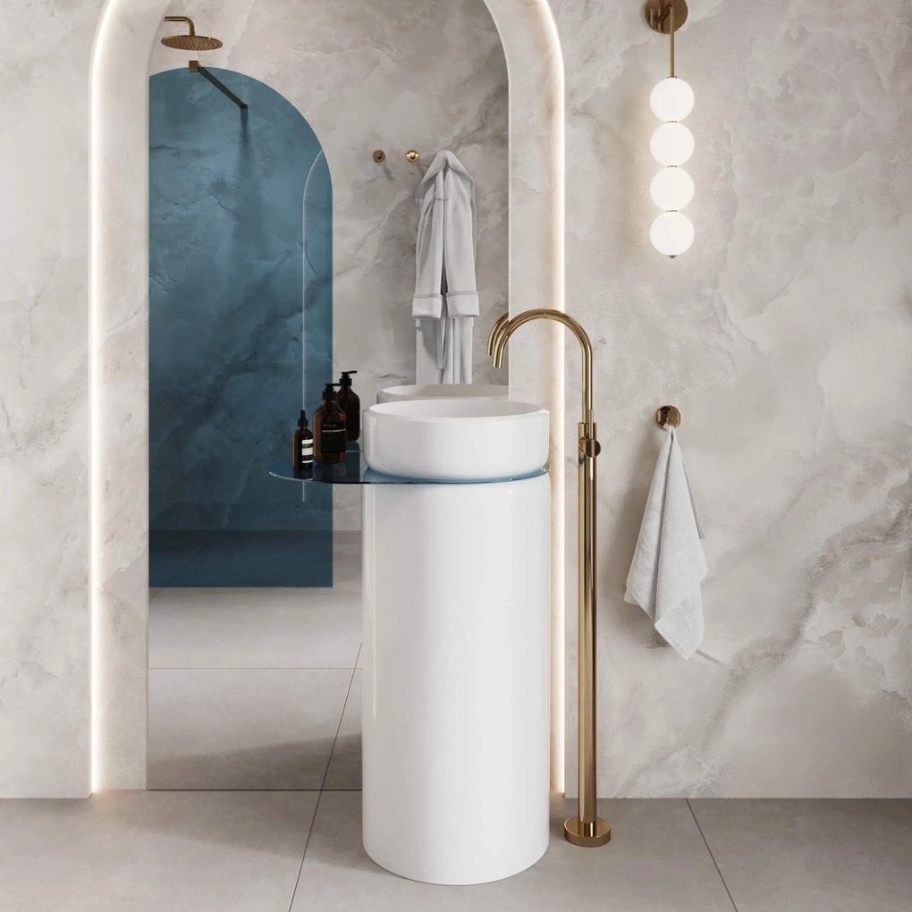 Umywalka z konglomeratu wolnostojąca okrągła z półką szklaną 85 x 40 cm RONA bez przelewu | Różne kolory półki : Kolor szkła - Niebieski, Kolor umywalki RONA - Biały matowy, Podłączenie syfonu - Do podłogi, Półka - Szklana