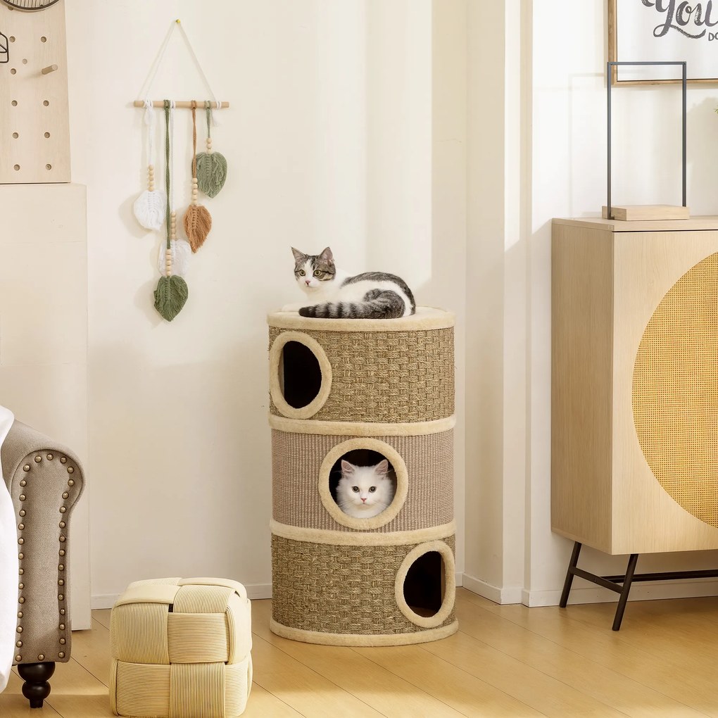 PawHut Tuba do drapania, 79 cm wys., Ø45 cm, trzy poziomy, sizalowy sznur, norka dla kota, dla dużych kotów, Khaki+Brąz
