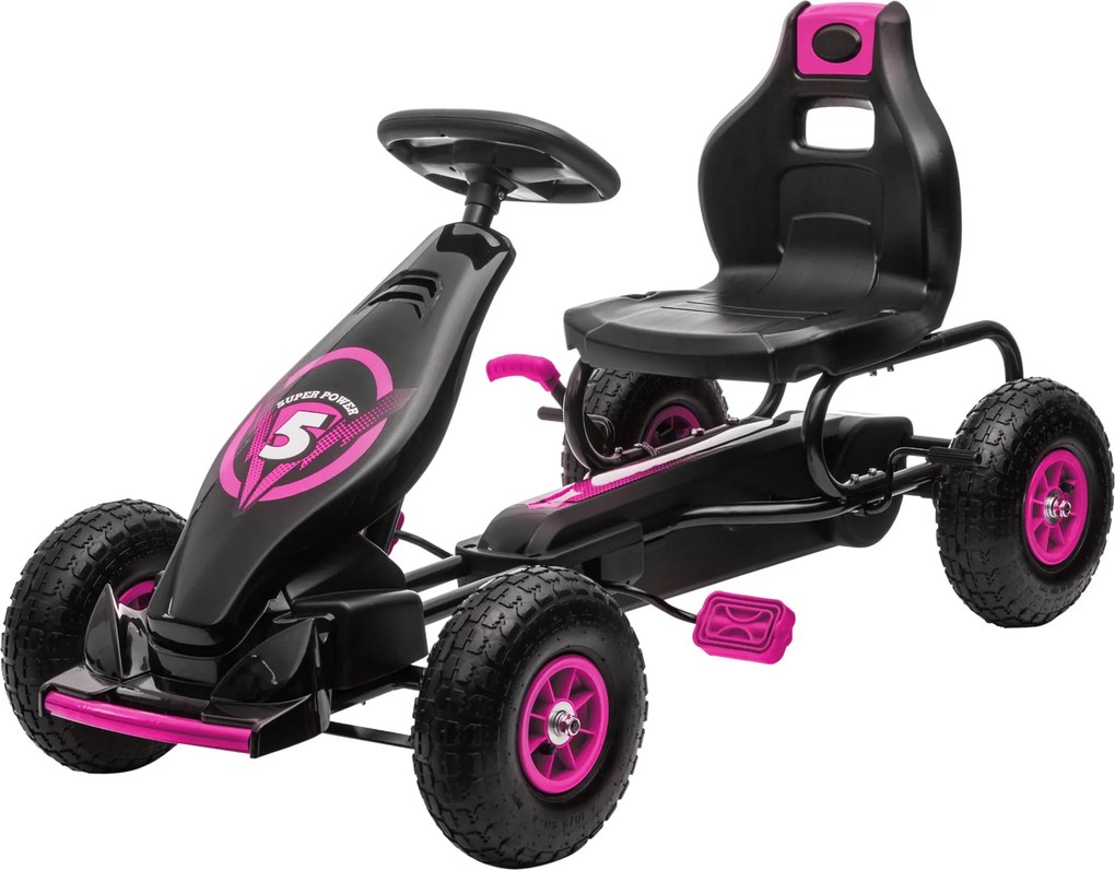 HOMCOM Gokart dla dzieci z pedałami, regulowanym siedzeniem, do użytku wewnątrz i na zewnątrz, od 5 lat, Czarny + Różowy, 121 x 58 x 61 cm