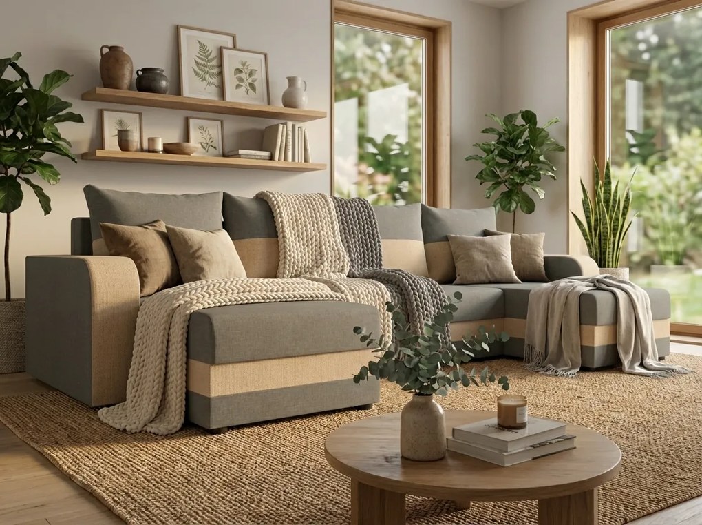 Rozkładana sofa narożna w kształcie U VALERIO 305x140 cm, jasnoszara/beżowa