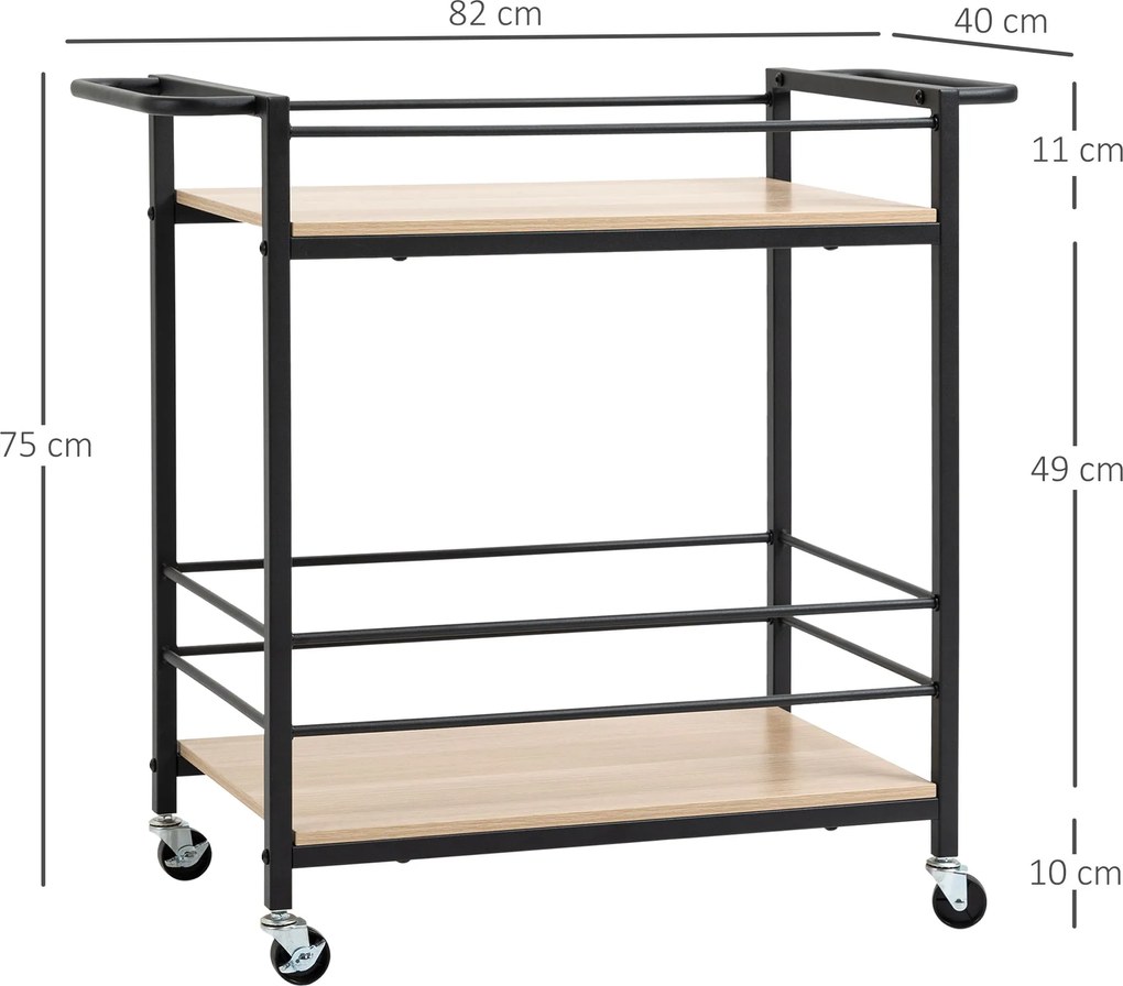 Wózek kuchenny HOMCOM wózek serwujący z 2 półkami, balustrada, stal, czarny+drewno 82 x 40 x 75cm