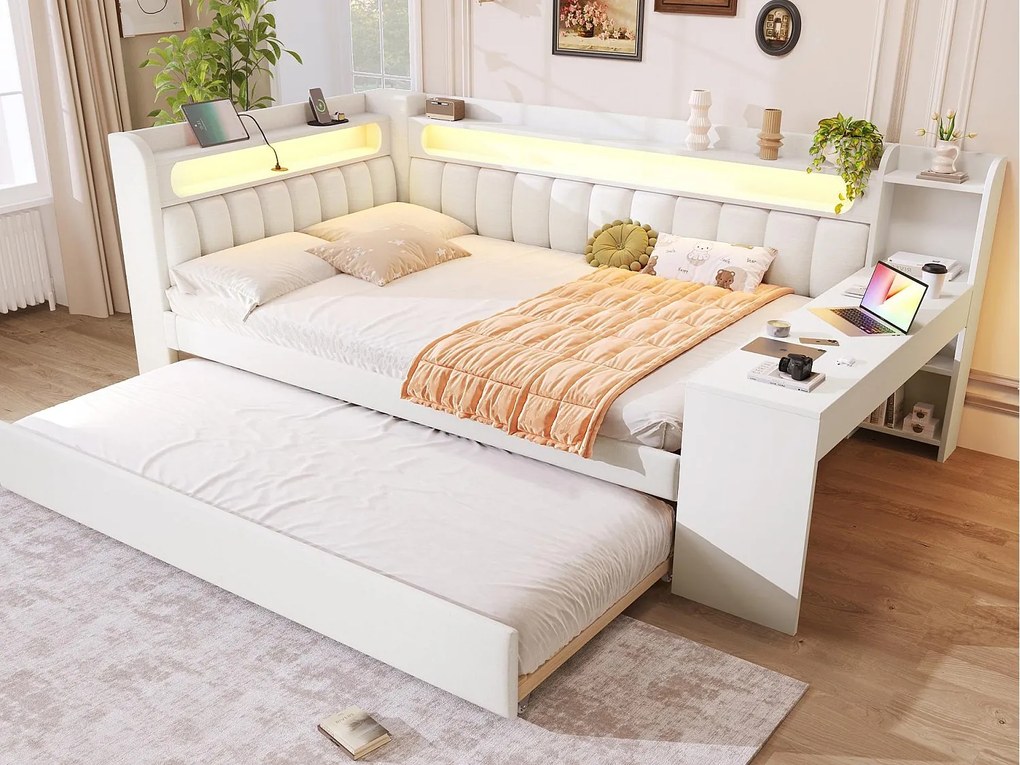 Rozkładana sofa 140x200 cm - z portami USB i LED - z wysuwanym łóżkiem i biurkiem - biała (bez materaca)