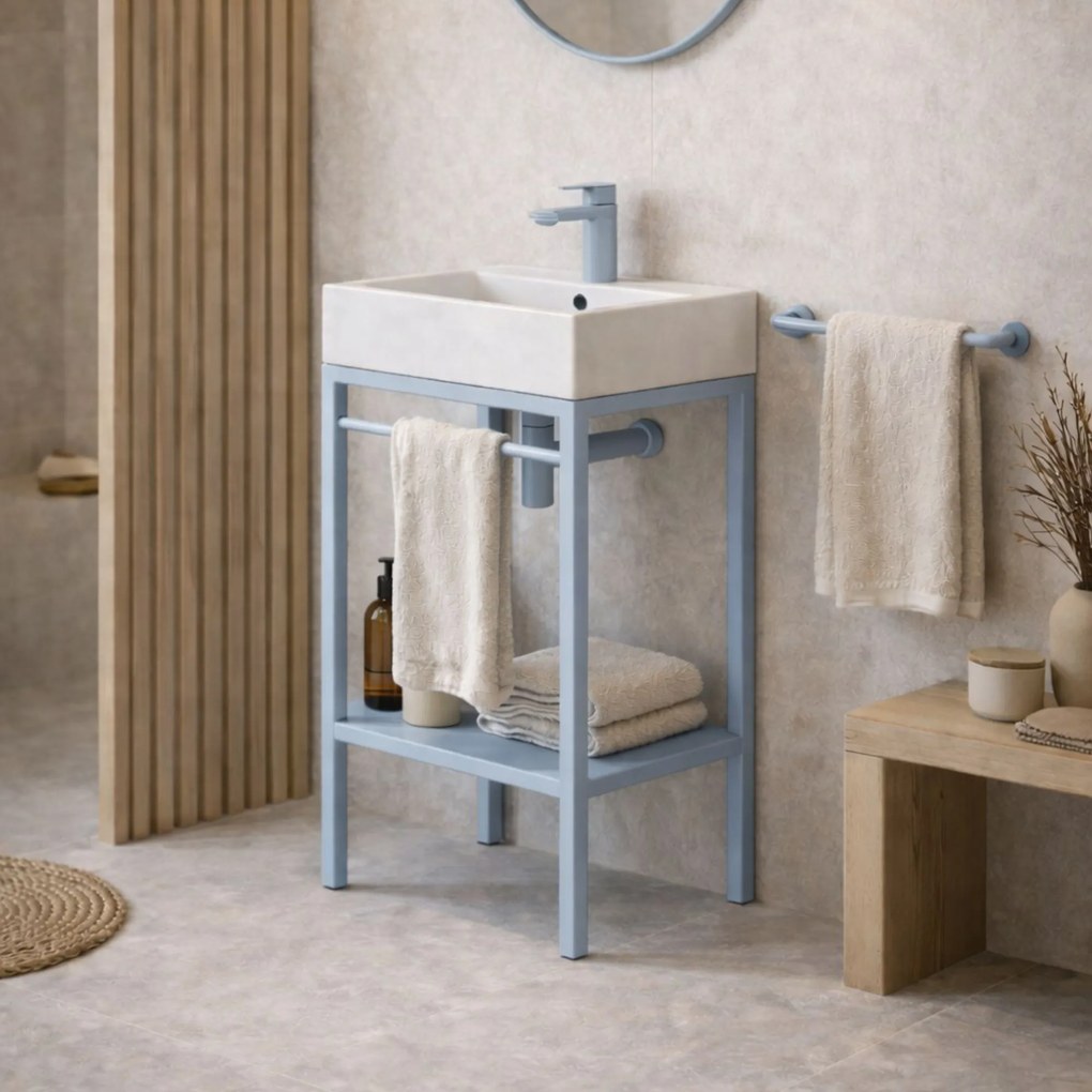 Zestaw umywalka z konglomeratu NAVI 70 x 45 cm + stojąca konsola NAVI Step | Różne kolory | Różne rozmiary : Kolor - Niebieski, Otwór na baterię - Bez otworów, Rozmiar - 70 x 45 cm