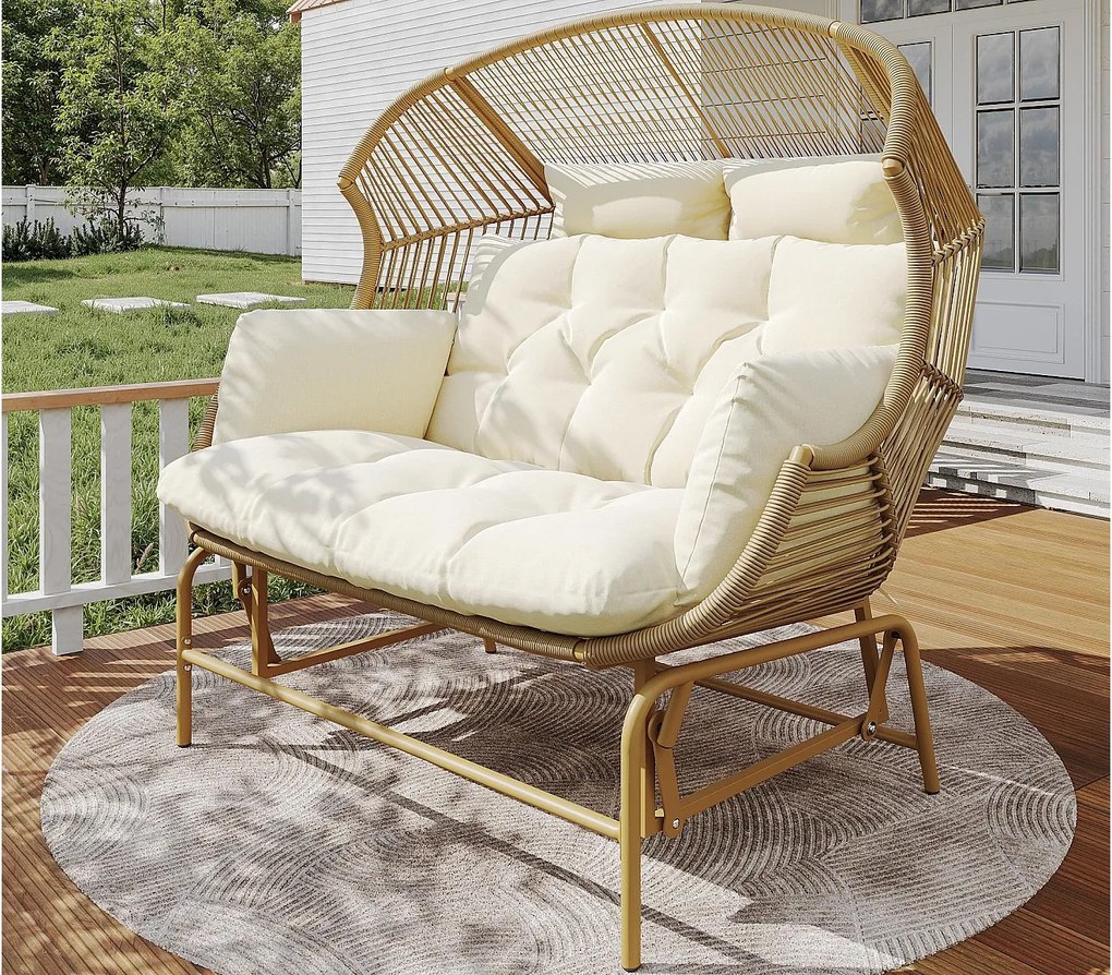 Podwójny fotel bujany ogrodowy 145x85x143cm - Fotel bujany - Rattan PE + żelazo + wodoodporna tkanina - Naturalny