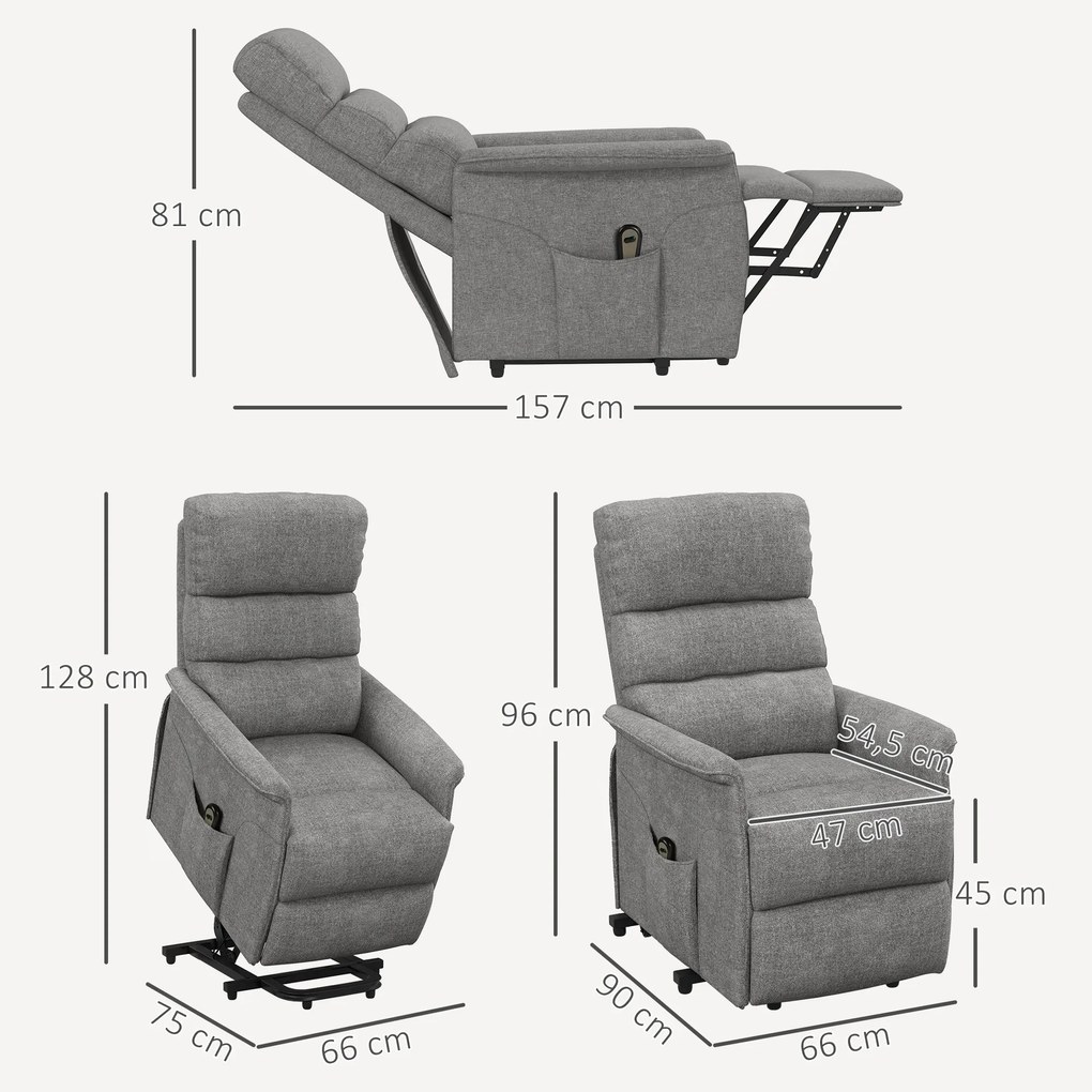HOMCOM Fotel relaksacyjny z funkcją wstawania regulowane oparcie i podnóżek do 120 kg szary 66x90x96 cm | Aosom PL