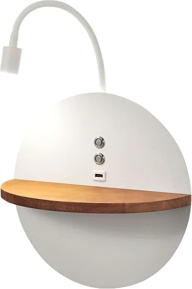Dual - Kinkiet z półką i oświetleniem LED 15W Fabas Luce Ściemniacz dotykowy - Matowa biel z wbudowanym portem USB w kolorze drewna