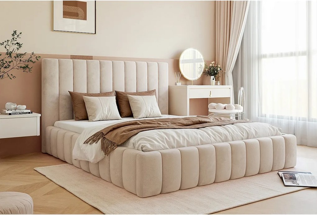 BESILIO Podwójne łóżko 160x200 Tina - Łóżko slim do sypialni ze stelażem i pojemnikiem na pościel- Tkanina welurowa- Beżowy