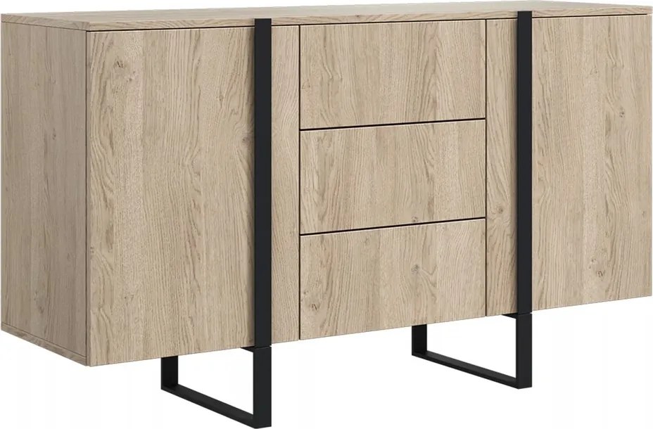 Komoda Verica 150 cm dwudrzwiowa z szufladami - dąb biszkoptowy / czarne nóżki