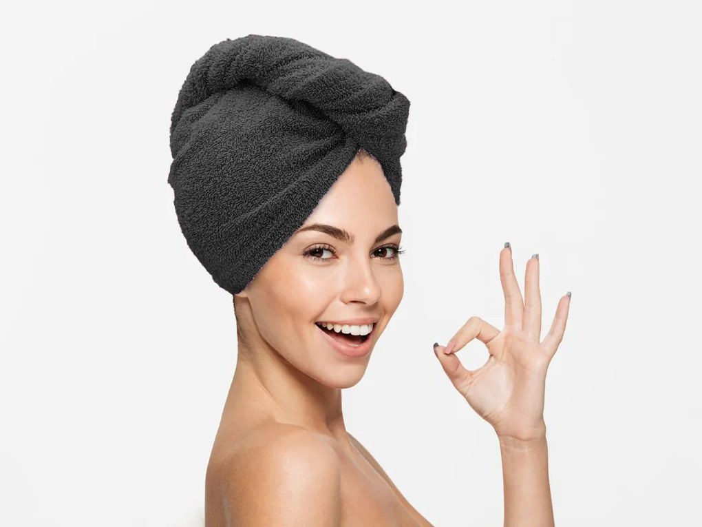 Szybkoschnący turban do włosów frotte ciemnoszary, 100% bawełna