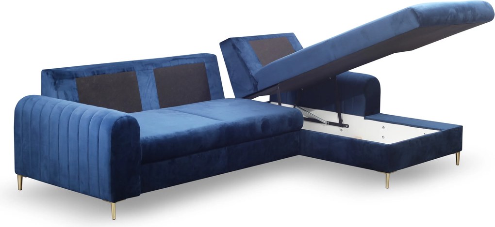 Masseno Narożnik VERONA z funkcją spania i pojemnikiem na pościel Narozniki L, Rozkładana sofa - Niebieski, VELLUTO NAVY 25
