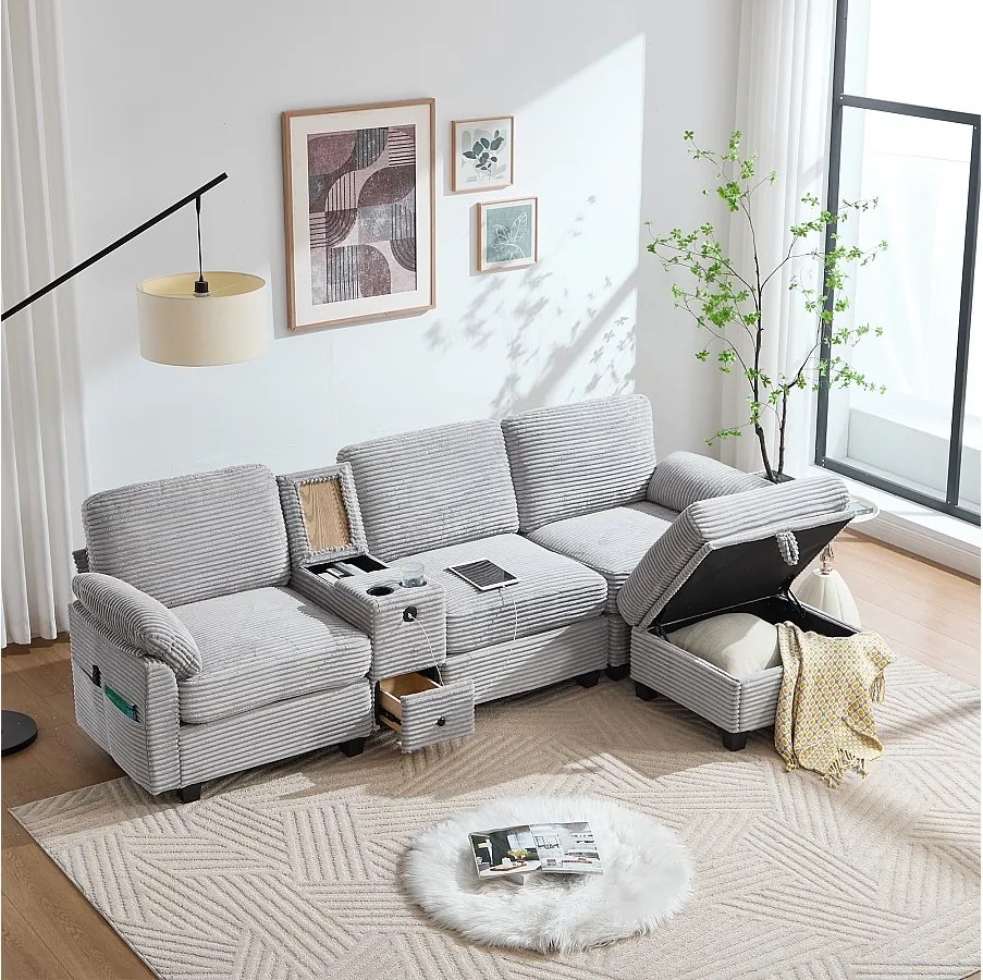 Sofa 3-osobowa, sofa sztruksowa z pufem i szufladami, 2 uchwytami na kubki i portem USB - jasnoszara