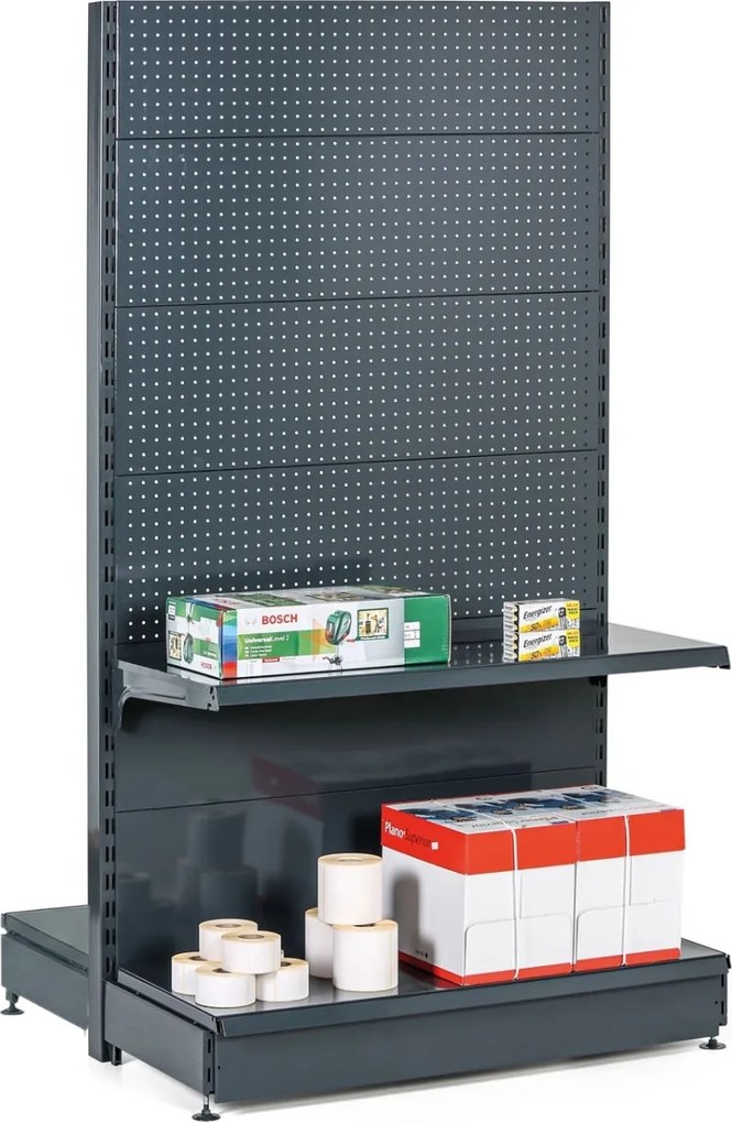 Regał sklepowy obustronny, ścianki perforowane, 1900 x 1000 x 900 mm, podstawowy, antracyt