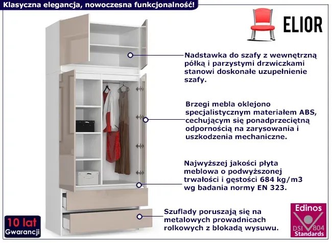 Szafa z nadstawką w połysku biały + cappuccino - Enio 4X