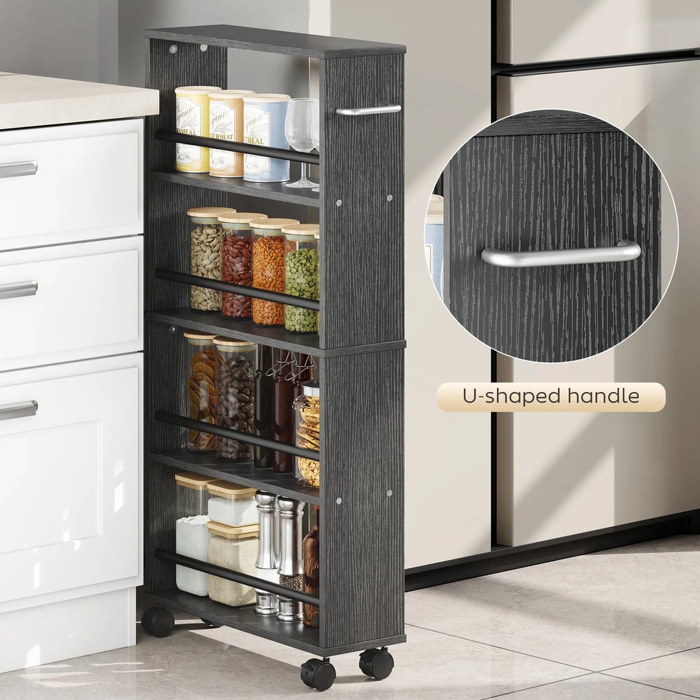 HOMCOM Półka wielofunkcyjna na kółkach, smukły design, 4 przegrody, 45x15x91 cm, czarny | Aosom PL