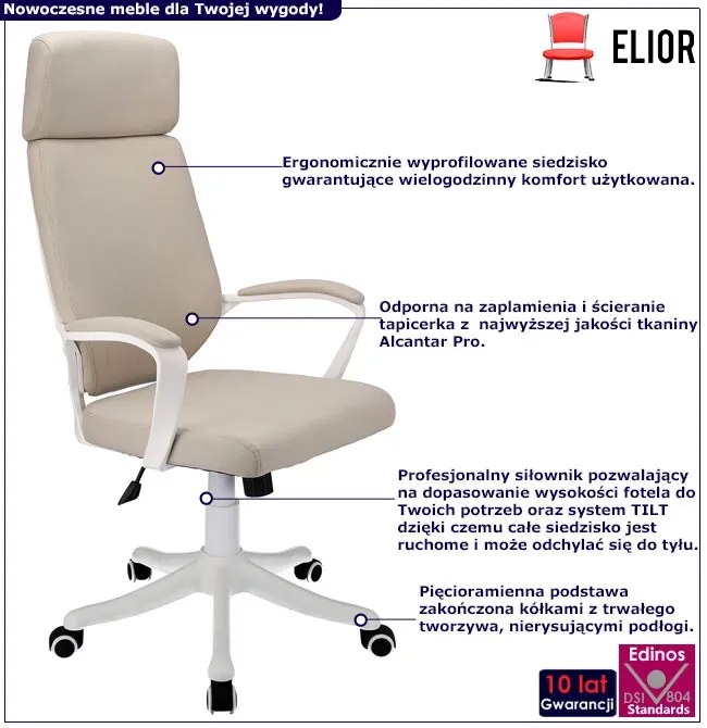 Beżowy ergonomiczny fotel biurowy z zagłówkiem do komputera - Dawo