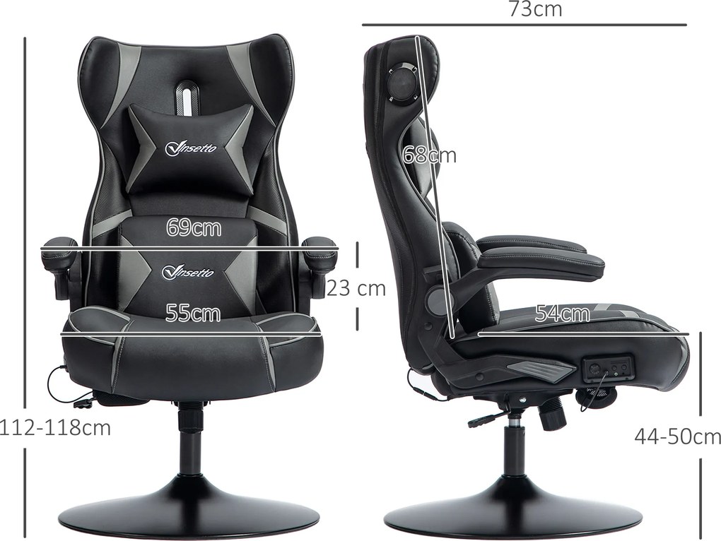 Vinsetto Ergonomiczny fotel gamingowy z funkcją kołysania i głośnikami, wsparcie lędźwiowe i na szyję, do pokoju gracza, sztuczna skóra, Szary+Czarny