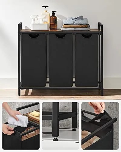 Kosz na bieliznę z półką BERGEN, 3x38l, czarny/brązowy SongmicsHome