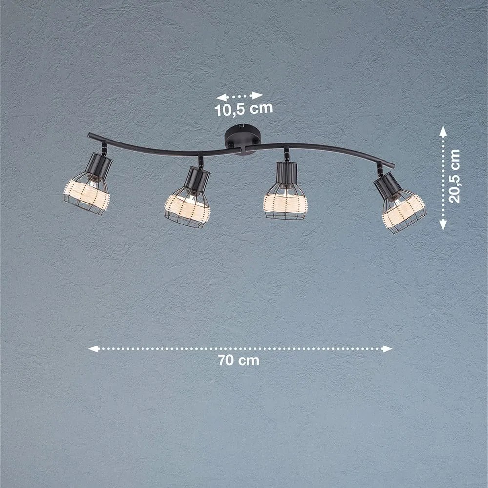 Czarna lampa sufitowa z metalowo-rattanowym kloszem 10,5x70 cm Straw – Fischer & Honsel